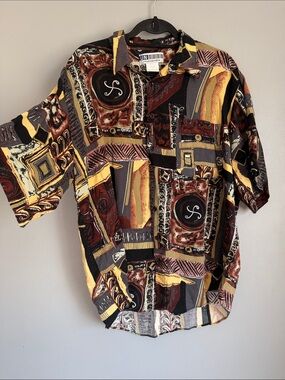 VTG 90s Untied Abstract Geometric Rayon Button Up Shirt Short Sleeve XL